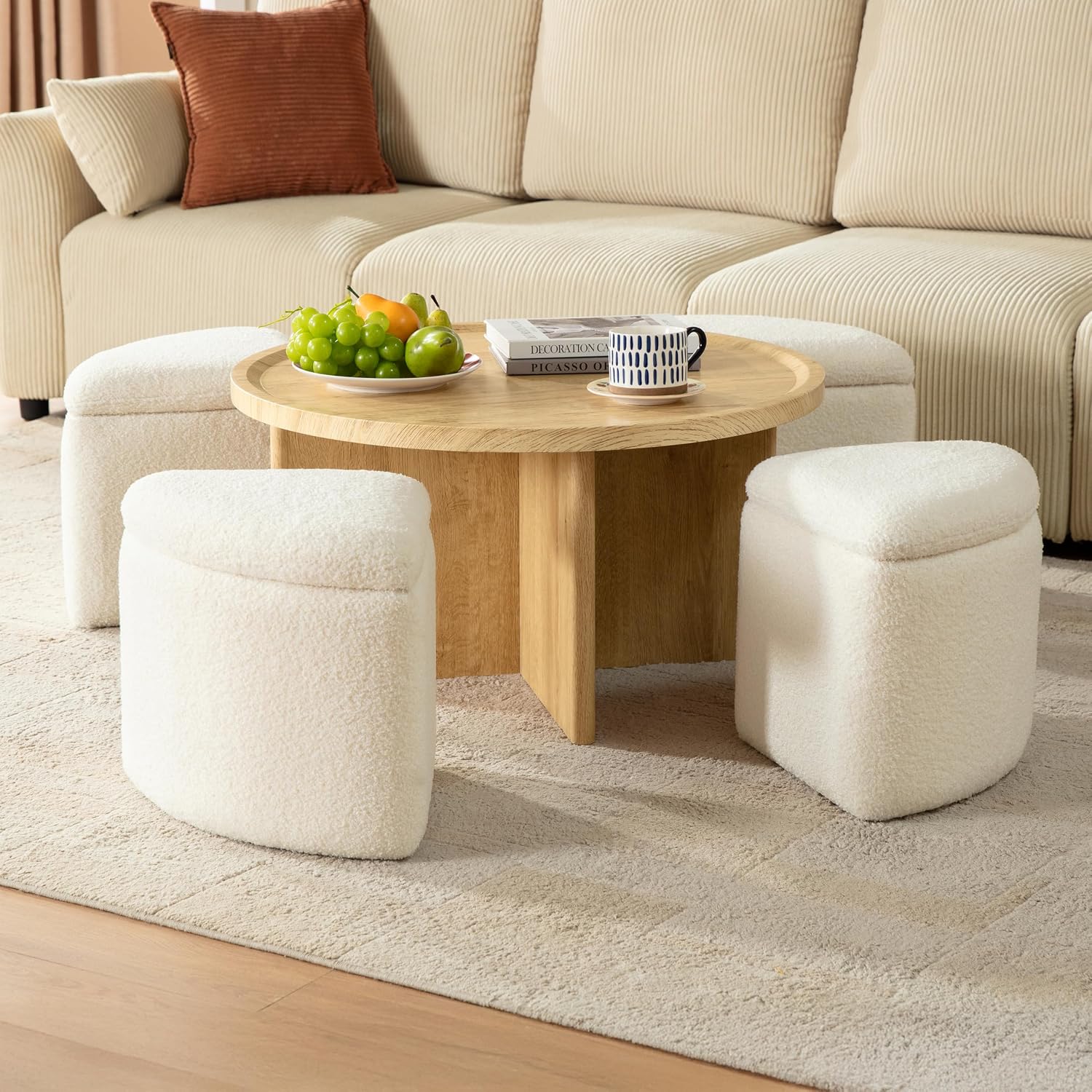 Square Coffee Table with Stools Underneath, Wood Ottoman Coffee Tables with 4 Boucle Storage Ottomans & Seats, Mid-Century Modern Coffee Table with Chairs for Living Room, Small Space, Natural&White