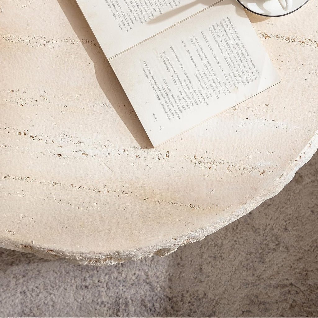 35.43' MgO Round Coffee Table for Living Room, Mid-Century Modern Vintage Faux Stone Circle Center Table for Office Apartment, Beige