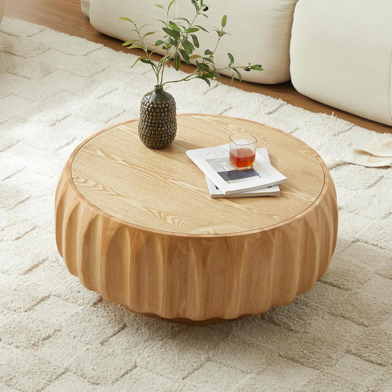 31.5'' Walnut Round Wood Coffee Table for Living Room, Modern Contemporary Circle Fluted Drum Pedestal Coffee Table, Natural Wood Grain & Easy Assembly, Natural