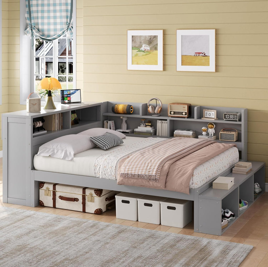 RuiSiSi Full Size Corner Bed with Bookcase, L-Shaped Daybed with Shoe Cabinets & USB Ports, Wood Full Corner Daybed Frame for Kids Teens Guest Room Bedroom, Grey