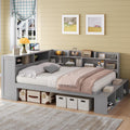 RuiSiSi Full Size Corner Bed with Bookcase, L-Shaped Daybed with Shoe Cabinets & USB Ports, Wood Full Corner Daybed Frame for Kids Teens Guest Room Bedroom, Grey