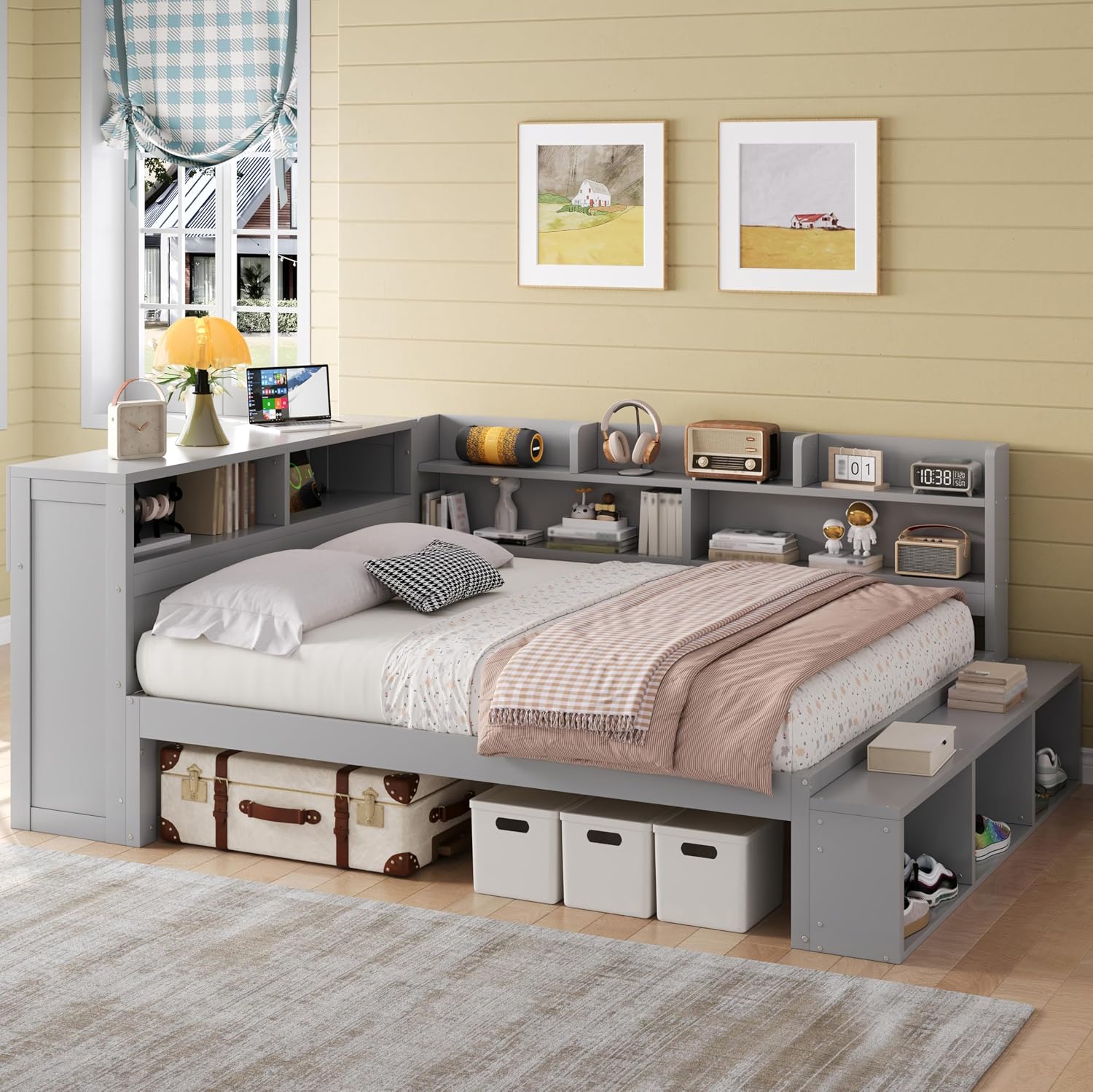 RuiSiSi Full Size Corner Bed with Bookcase, L-Shaped Daybed with Shoe Cabinets & USB Ports, Wood Full Corner Daybed Frame for Kids Teens Guest Room Bedroom, Grey