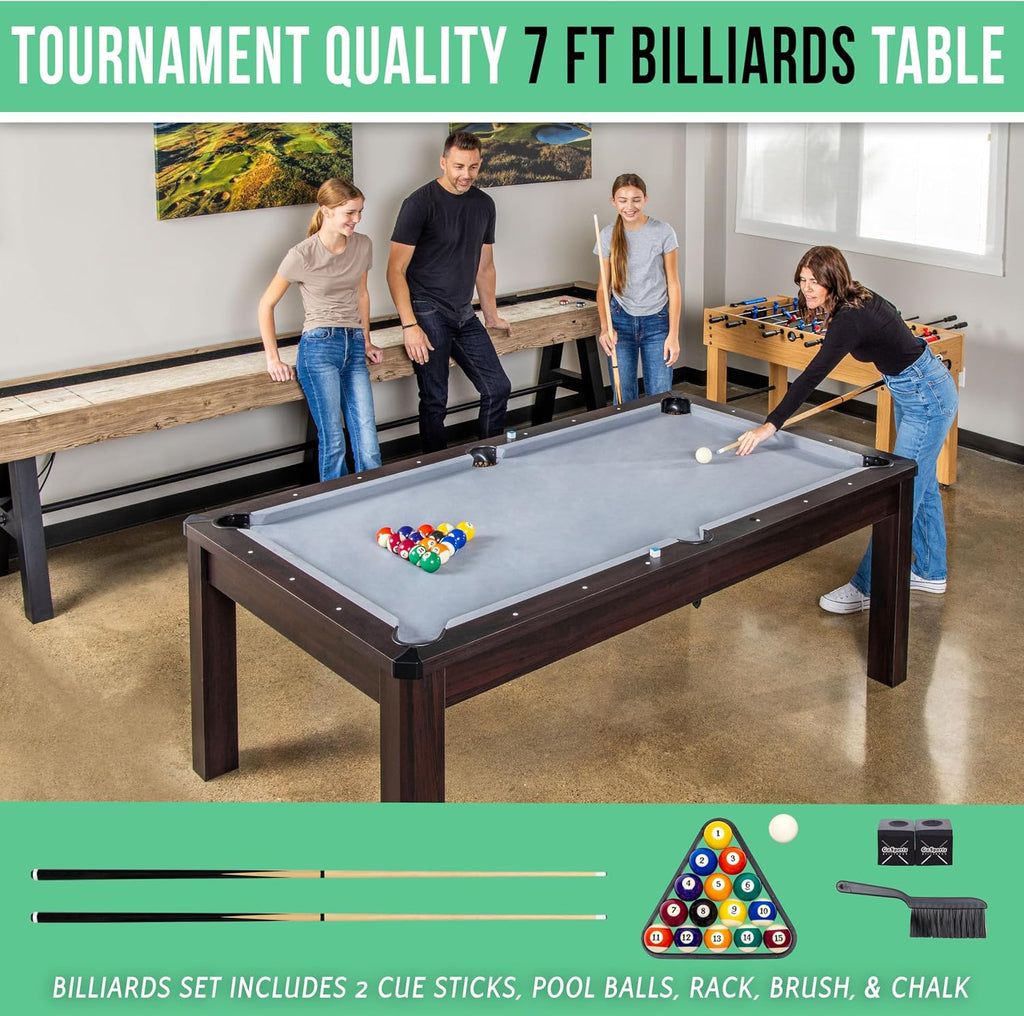 GoSports 3 in 1 Pool, Dining, & Table Tennis Combo Table and Storage Benches - 7 ft or 8 ft - Convertible Billiards and Table Tennis with Accessories