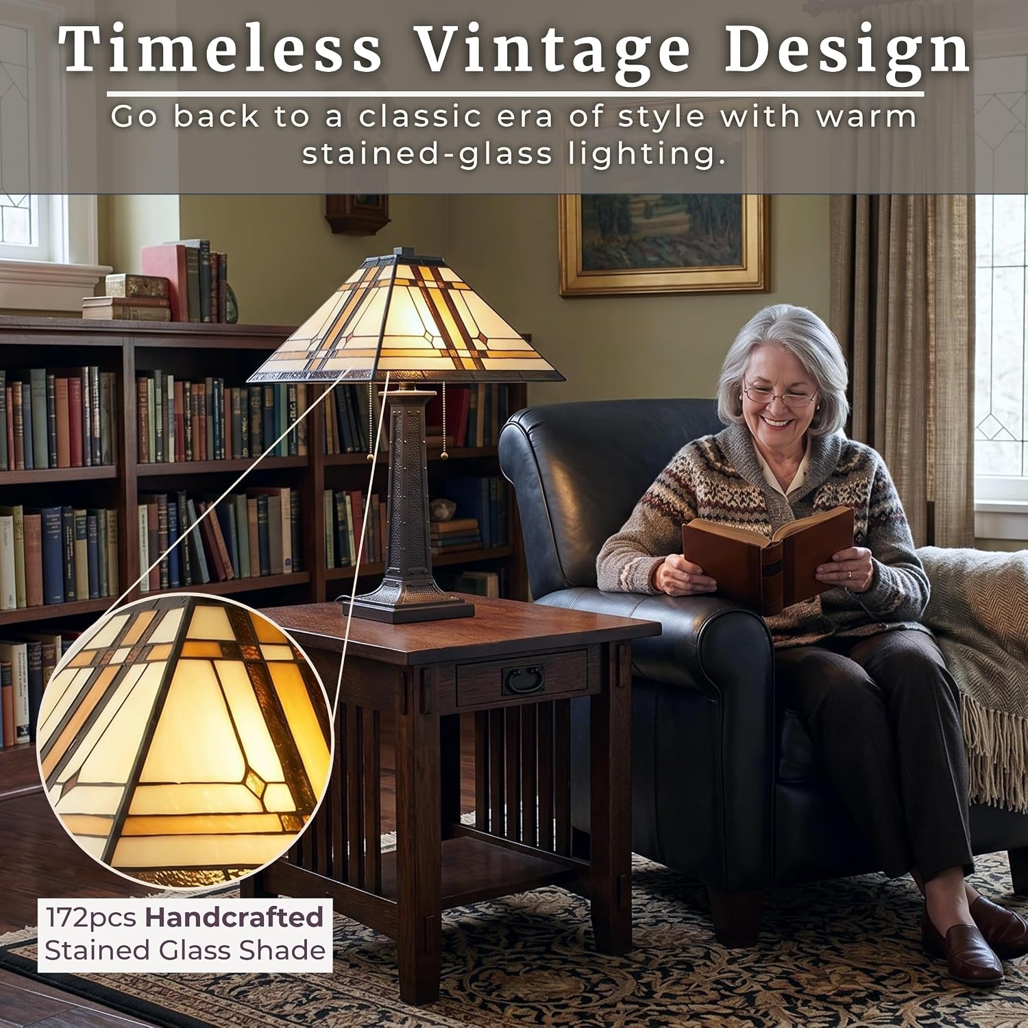 Lavish Home Tiffany-Style Table Lamp – Mission-Design Art Glass Lighting with 2 LED Bulbs Included – Vintage-Look Handcrafted Room Décor