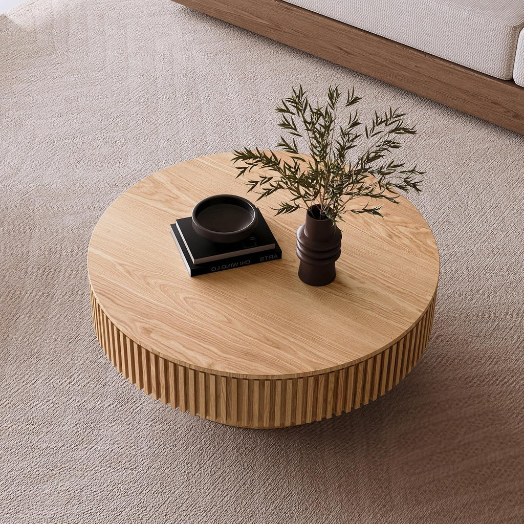 Round Coffee Table with Storage, Mid-Century Modern Solid Wood Center Table for Living Room, Large Circle Wooden Accent Table (39.37''L × 39.37''W × 13.78''H, Ash)