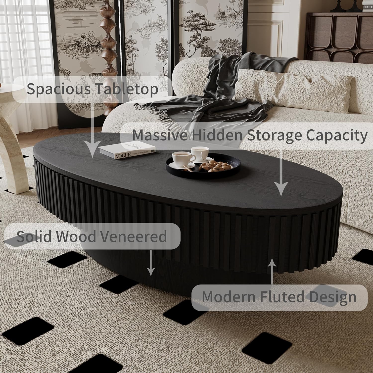 Black Oval Coffee Table with Storage for Living Room Fluted Coffee Table with Lid 47.2'' Modern Olive-Shaped Center Tables Pedestal Accent Tea Table for Apartment