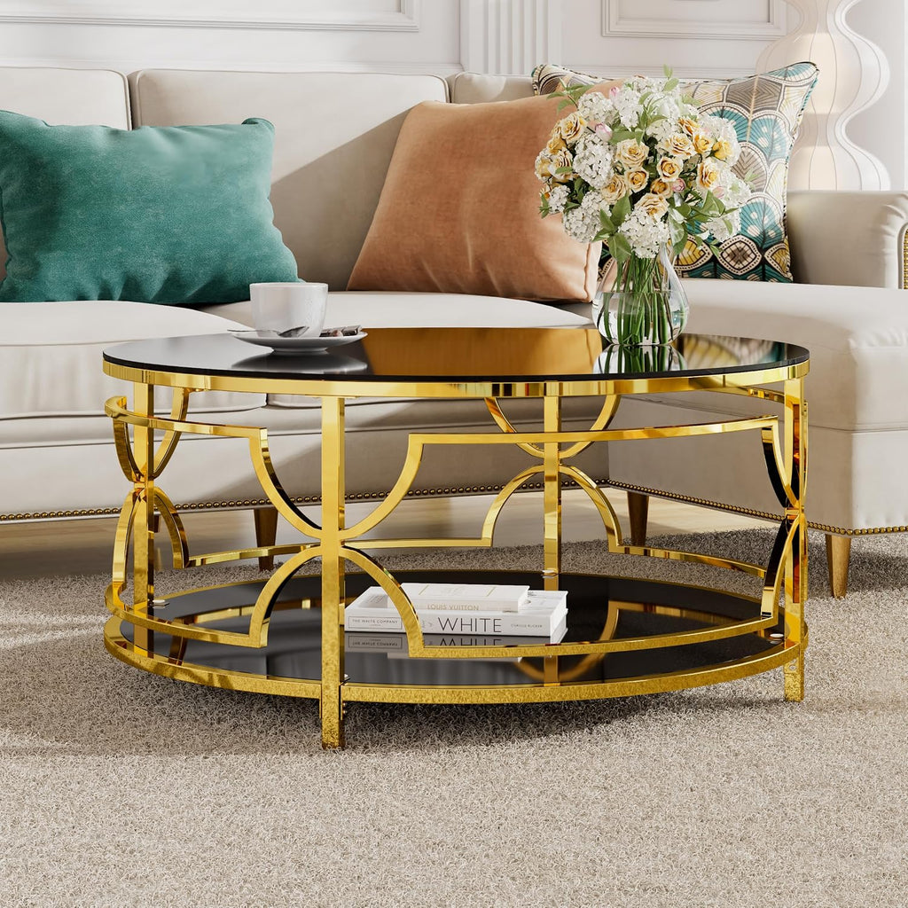 Merax 30.7' Round Tempered Glass Coffee Table, Luxurious Gold Geometric Metal Frame Side Table with Lower Storage Shelf, Modern Accent End Tables for Living Room, Bedroom, Apartment, Office, Black