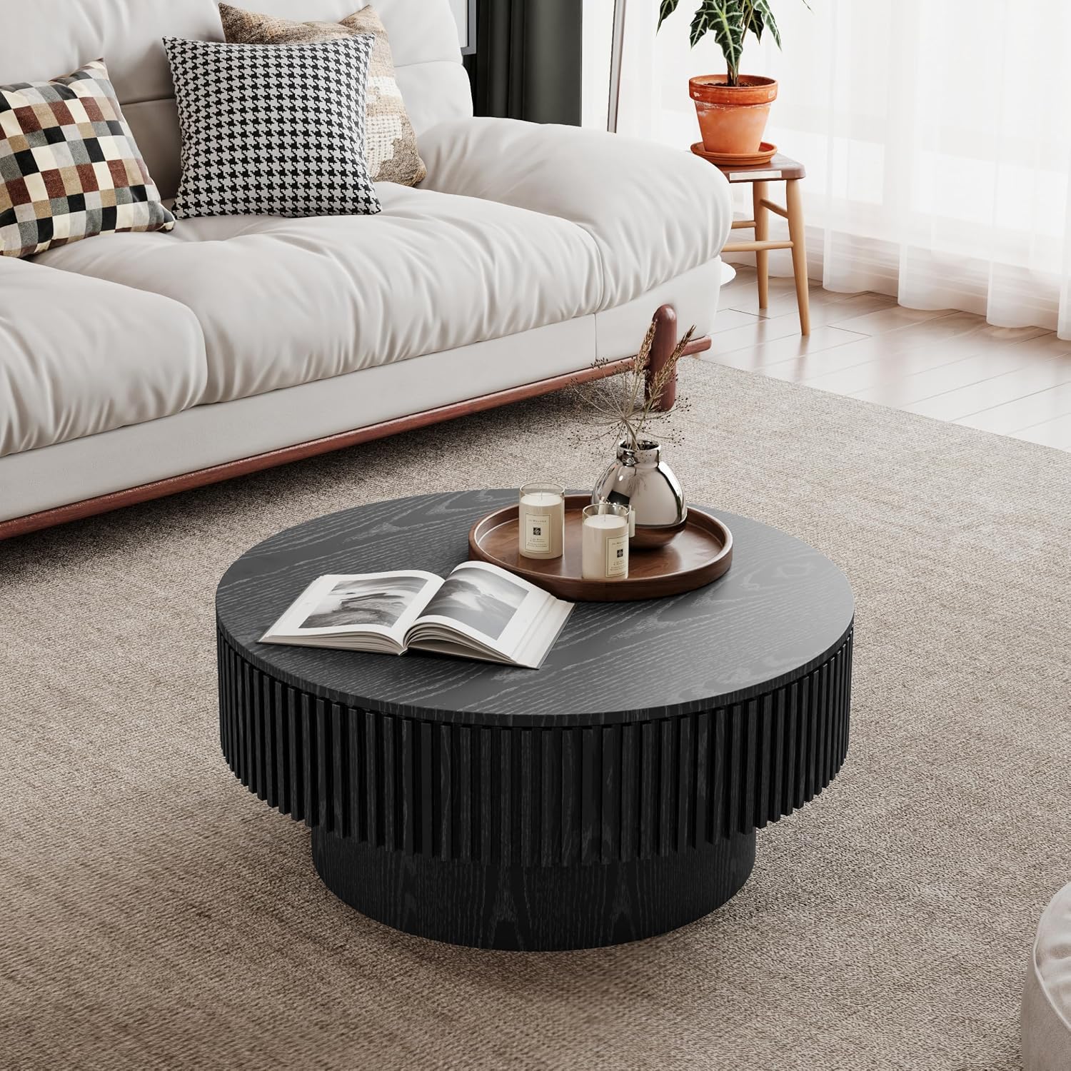 JUSTONE 31.5' Round Coffee Table,Farmhouse Wood Coffee Table with Storage for LivingRoom,Apartment,Office,Black