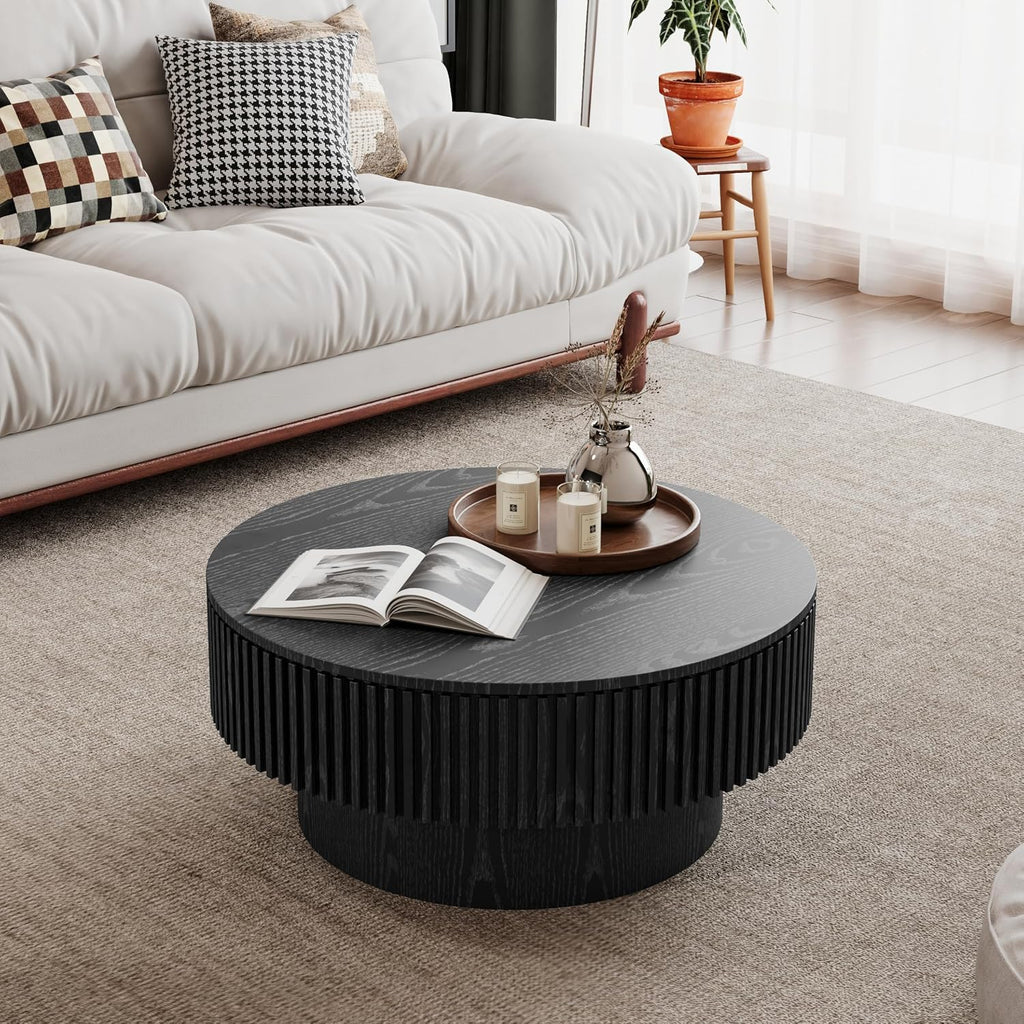 31.5'' Round Coffee Table with Storage Space, Modern Wood Circle Fluted Drum Pedestal Coffee Table for Living Room, Easy Assembly, Black (ø31.49'' x 14'')