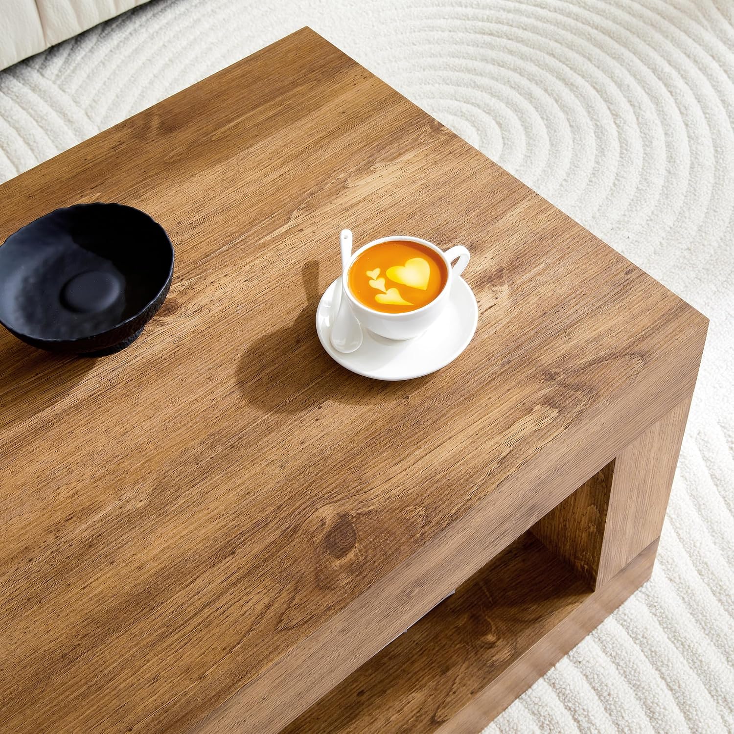 39.4' Coffee Table with Storage, 2-Tier Wood Coffee Table with 4' Thick Tabletop, Mid Century Modern Cocktail Center Tea Tables with Bottom Shelf for Living Room, Office, Apartment,Natural Wood