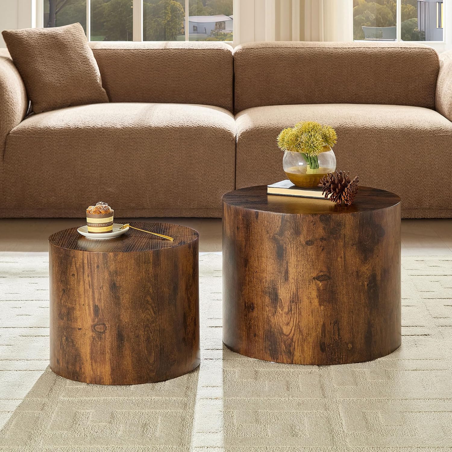 WILLIAMSPACE 18.9' Round Nesting Coffee Table Set of 2, Modern Wooden Coffee Tables Small Circle Center Table for Living Room, Accent End Table Set, No Assembling (Dark Brown)