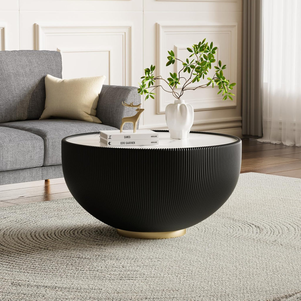 Round Coffee Table Set with Sintered Stone Tabletop, 27.56' Black Drum Center Table and 19.69' Orange Coffee Table Set, 2 Pieces Living Room Table Set with Fluted PU Leather Cover& Metal Base