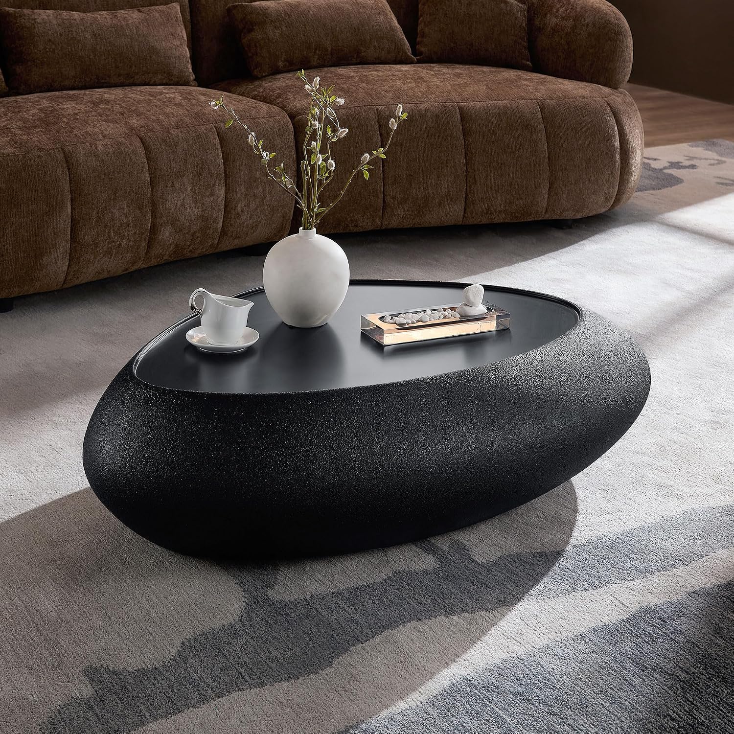WILLIAMSPACE 47.24' Oval Coffee Table with Grainy Matte Rocks Pattern, Modern Faux Stone Irregular Center Table, Drum Fiberglass Coffee Table Accent Side Table End Table for Living Room (Black)