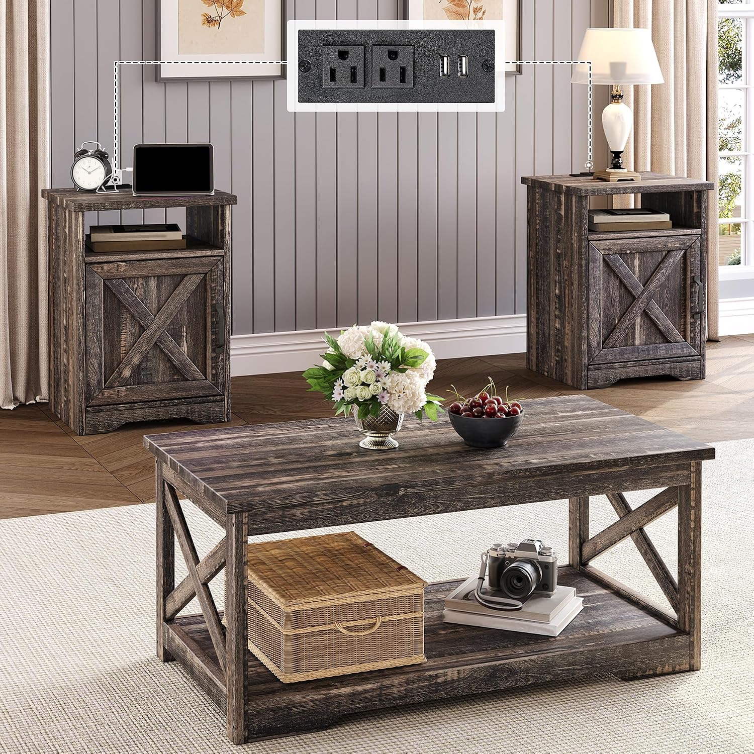 LUXOAK 3-Piece Farmhouse Living Room Table Sets, Includes 1 x Coffee Table, 2 x End Tables with Charging Station & USB Ports, Rustic Coffee Table Set of 3, Black Oak