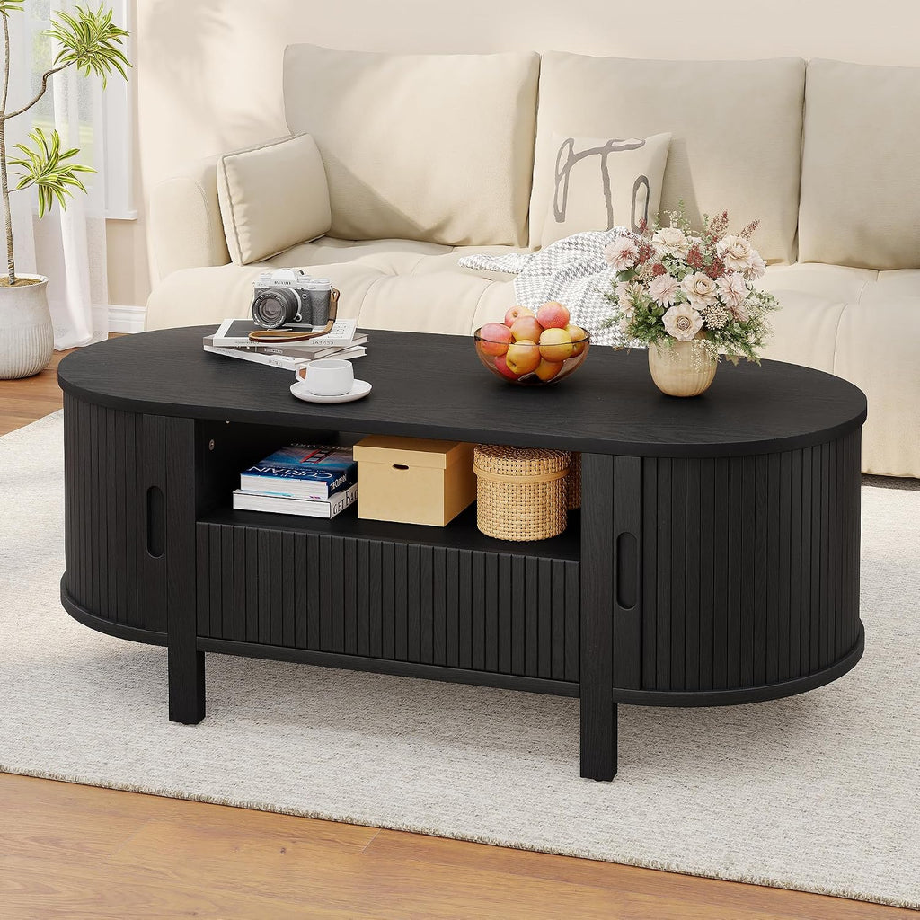 ComfyCorner 47' Oval Coffee Table, Tambour Design Coffee Tables for Living Room, Mid Century Modern Wood Coffee Table, 3-Tier Accent Center Table with Storage, Large Drawer, Black
