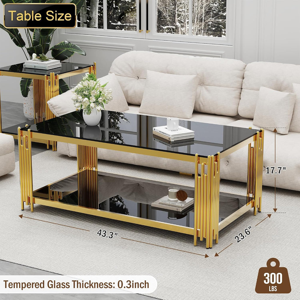 Black Glass Coffee Table 43' Modern Living Room Table Gold Stainless Steel Metal Leg Rectangular Tempered Glass Luxury Center Tables for Home Office