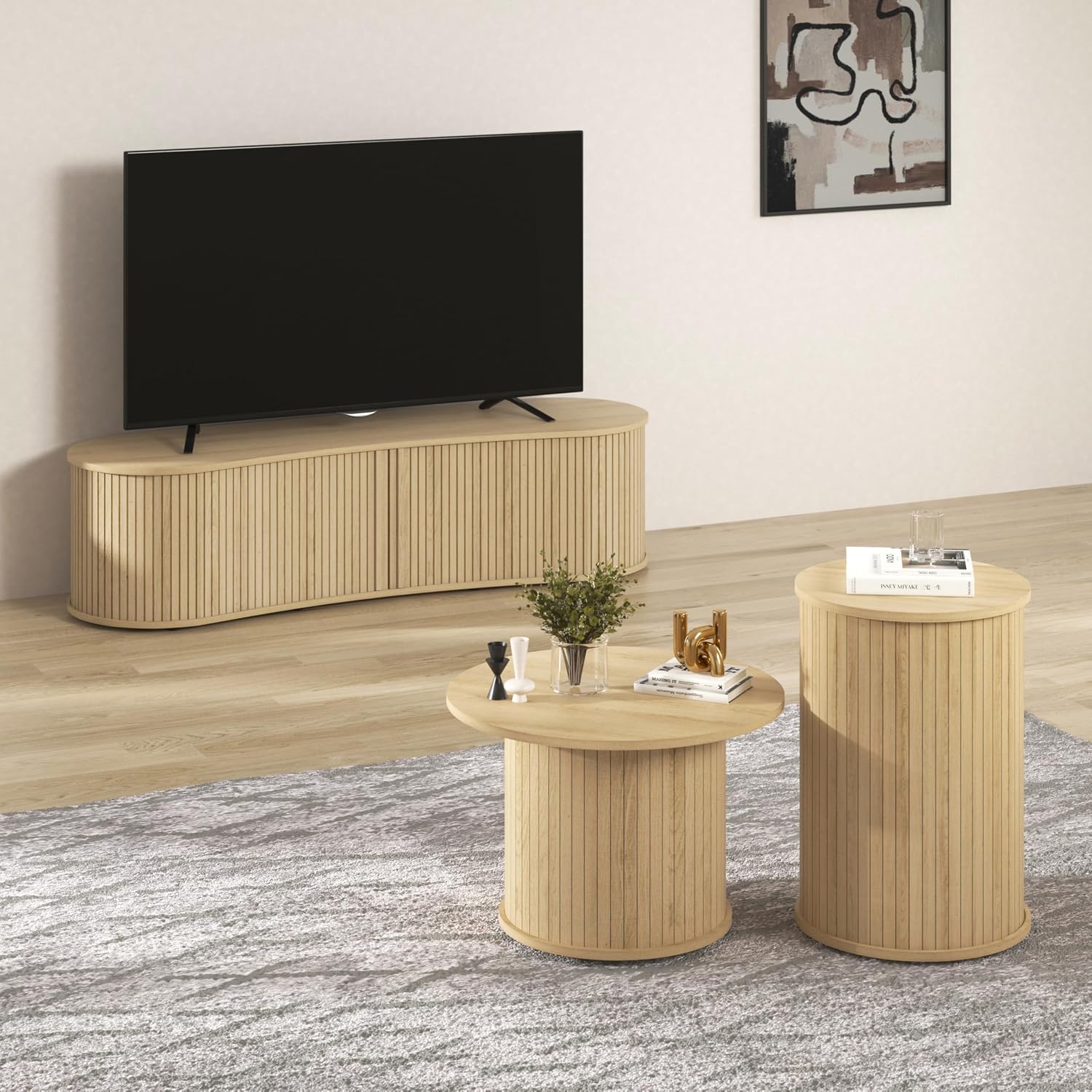 TV Stand and Coffee Table Set of 3, Living Room Table Set Fluted End Table & Coffee Table & 59' Low TV Stand with Sliding Doors for Living Room, Bedroom, No Screws Ultra Fast Assembly (Oslo Oak)