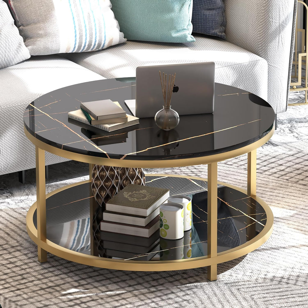 WiberWi Round Coffee Table 33.5' Coffee Tables for Living Room High Glossy Faux Balck Marble Top Modern Circle Table Sturdy Gold Metal Frame Legs Cocktail Table with Storage Open Shelf