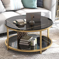 WiberWi Round Coffee Table 33.5' Coffee Tables for Living Room High Glossy Faux Balck Marble Top Modern Circle Table Sturdy Gold Metal Frame Legs Cocktail Table with Storage Open Shelf