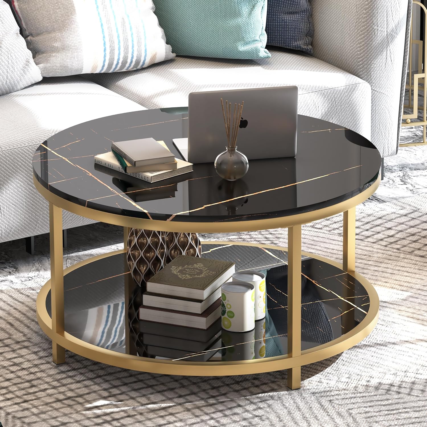 WiberWi Round Coffee Table 33.5' Coffee Tables for Living Room High Glossy Faux Balck Marble Top Modern Circle Table Sturdy Gold Metal Frame Legs Cocktail Table with Storage Open Shelf