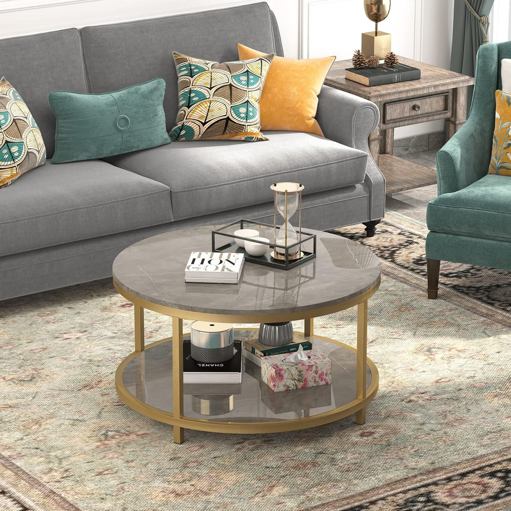 WiberWi Round Coffee Table 33.5' Coffee Tables for Living Room High Glossy Faux Marble Top Modern Circle Table Sturdy Gold Metal Frame Legs Cocktail Table with Storage Open Shelf
