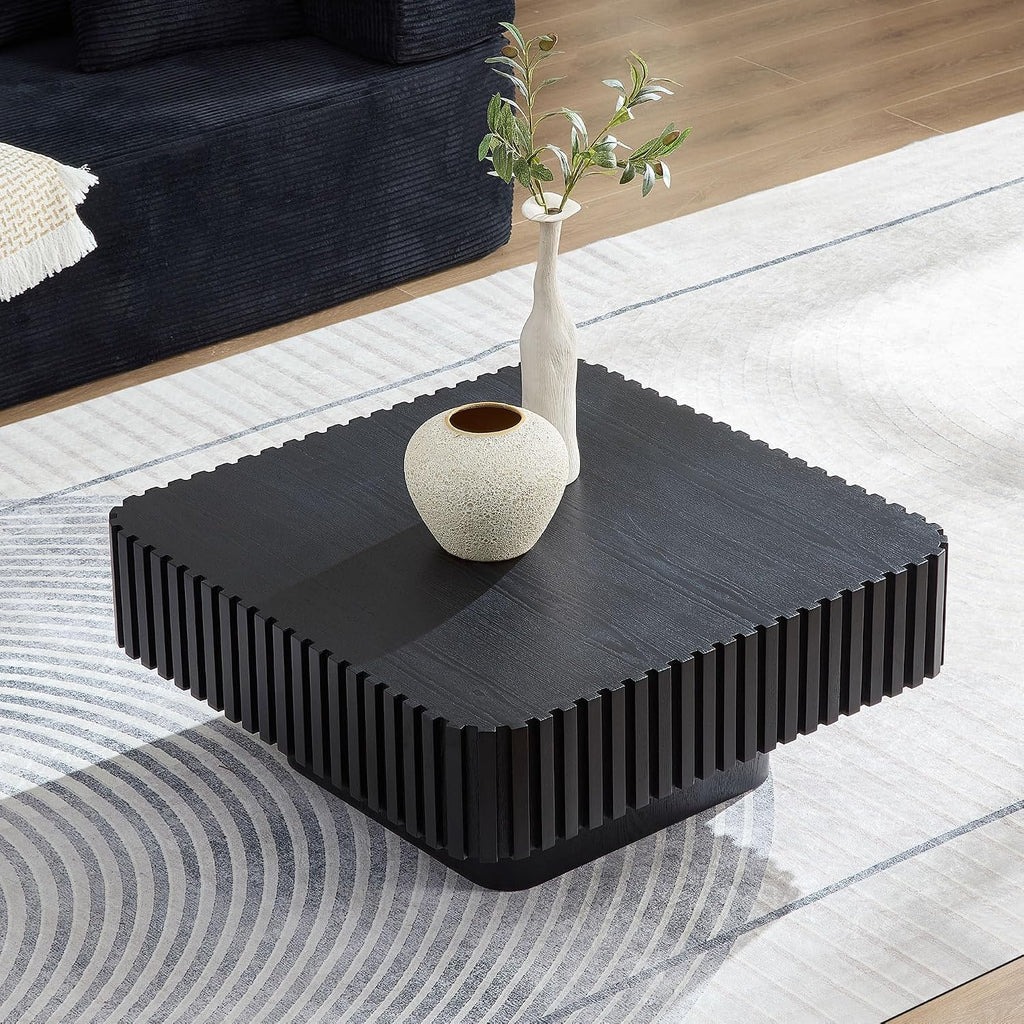 JUSTONE 35-inch Mid-Century Modern Drum Coffee Table, Handcrafted Wood Round Center Table for Living Room, Home Office, Black