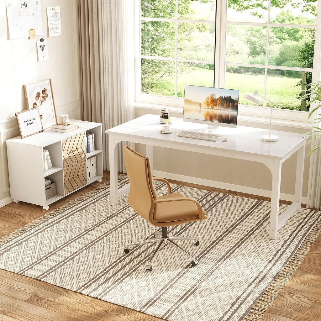 Little Tree 63-Inch L-Shaped Office Desk, Wooden Office Desk with Drawers, Large Home Office with Storage Shelf, Corner Computer Desk for Home Office, Bedroom, White