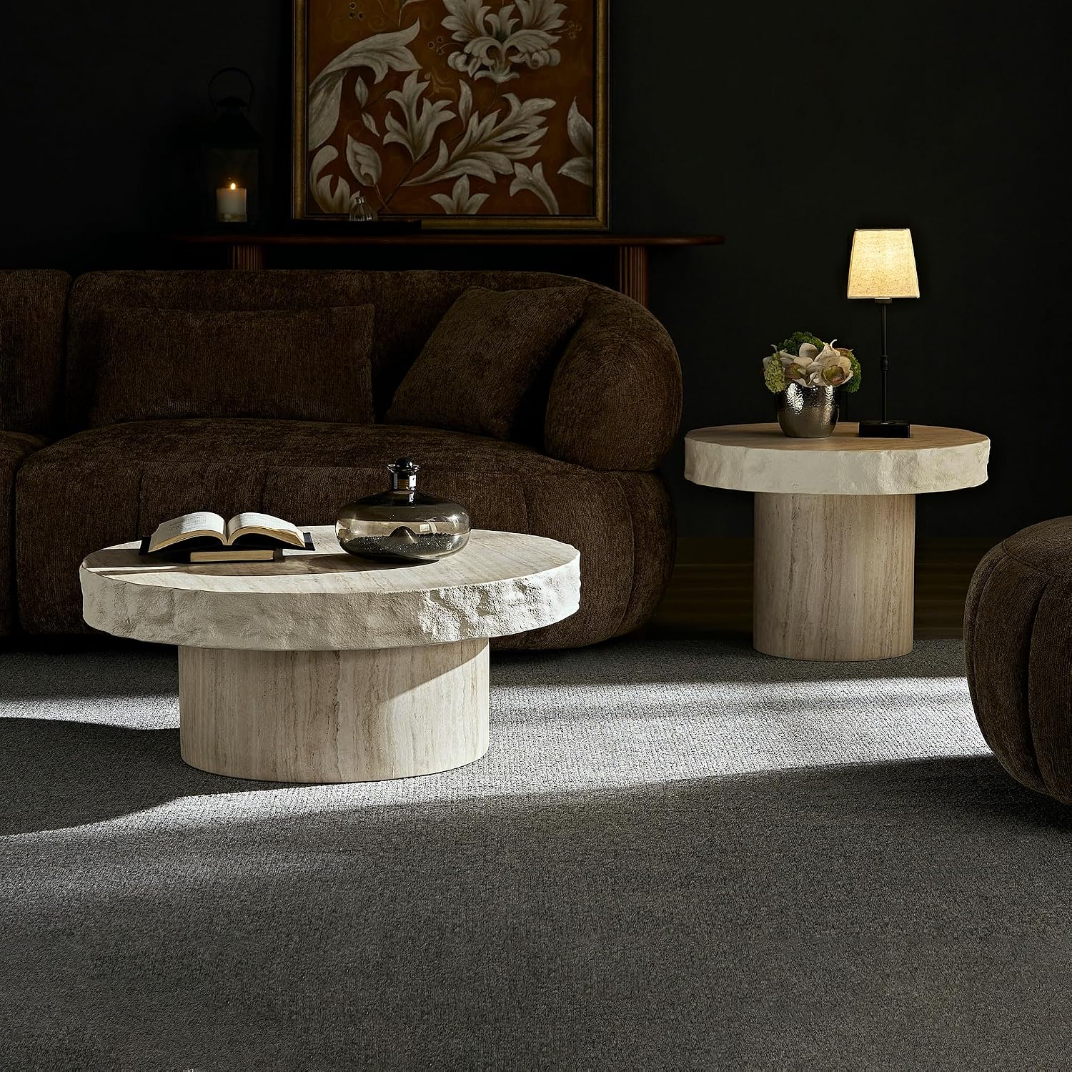 JUSTONE Set of 2 Faux Mars Textural Round Coffee Table, No Assembly Required, Beige Accent Table for Living Room & Apartment