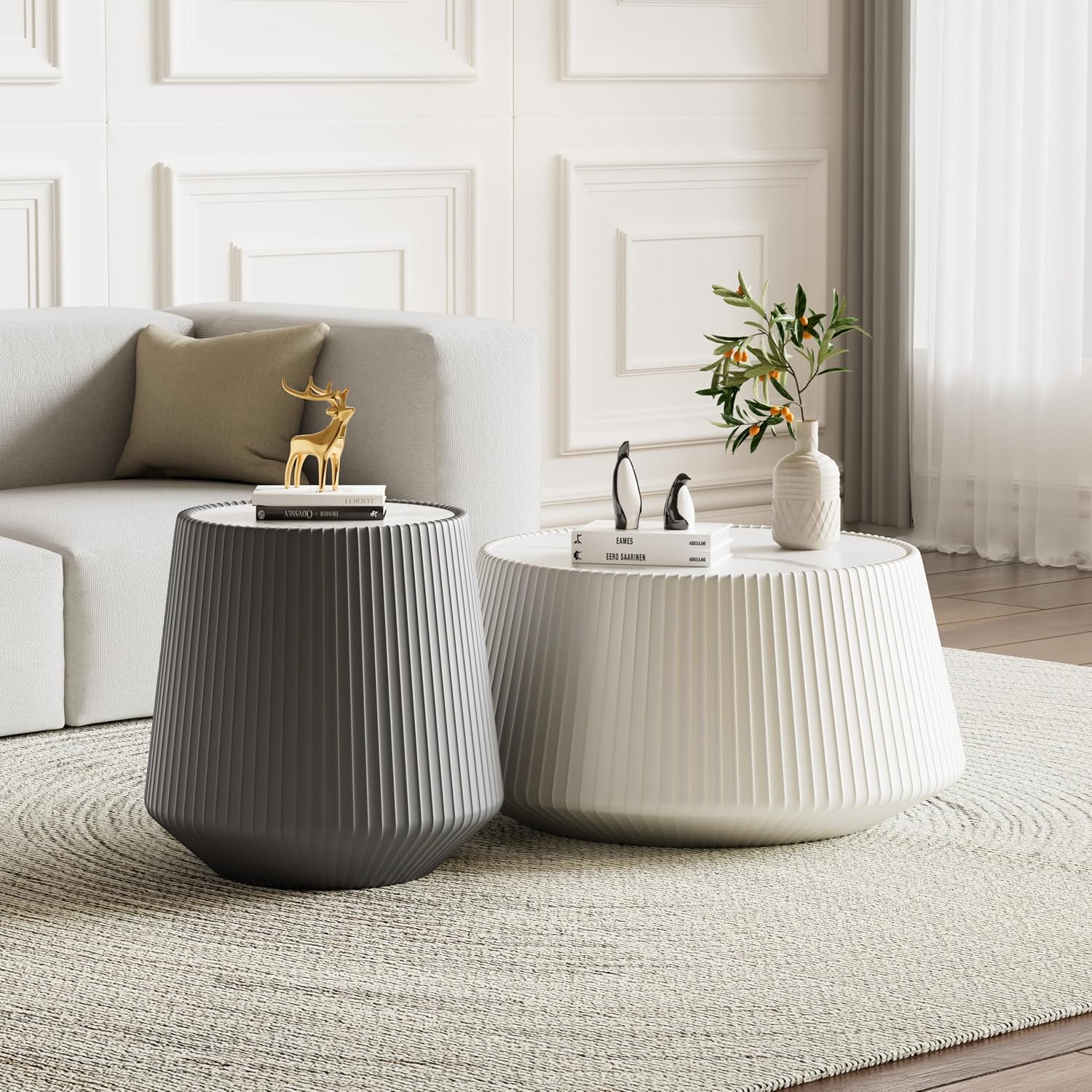 Round Coffee Table Set with Sintered Stone Tabletop, 26.77' White Drum Center Table and 19.68' Grey Coffee Table Set, 2 Pieces Living Room Table Set with Fluted PU Leather Cover& Stable Base