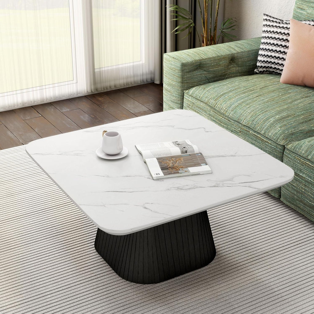 Furniture of America Coraly Modern 36-inch Square Coffee Table with High Gloss Faux Marble Top and Fluted Pedestal Base for Small Space, Living Room, Home Office, Black and White