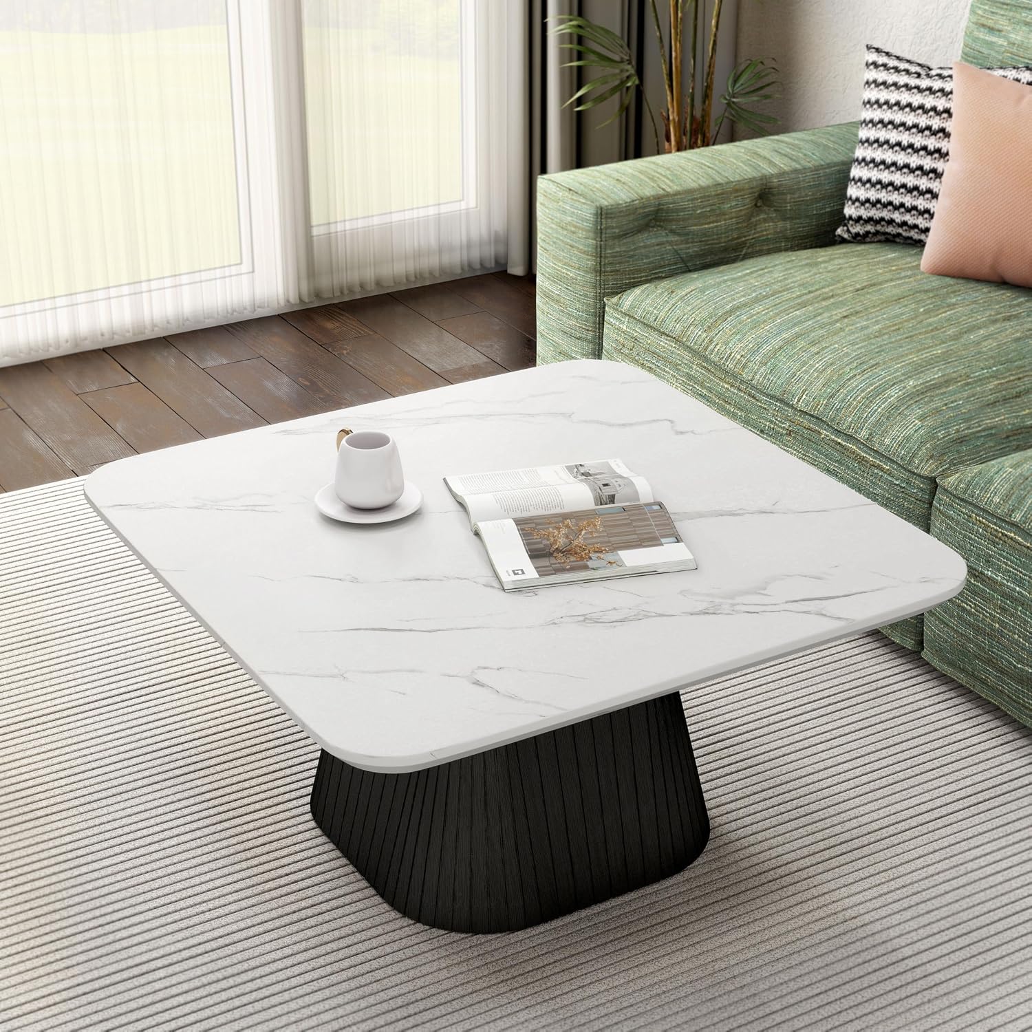 Furniture of America Coraly Modern 36-inch Square Coffee Table with High Gloss Faux Marble Top and Fluted Pedestal Base for Small Space, Living Room, Home Office, Black and White