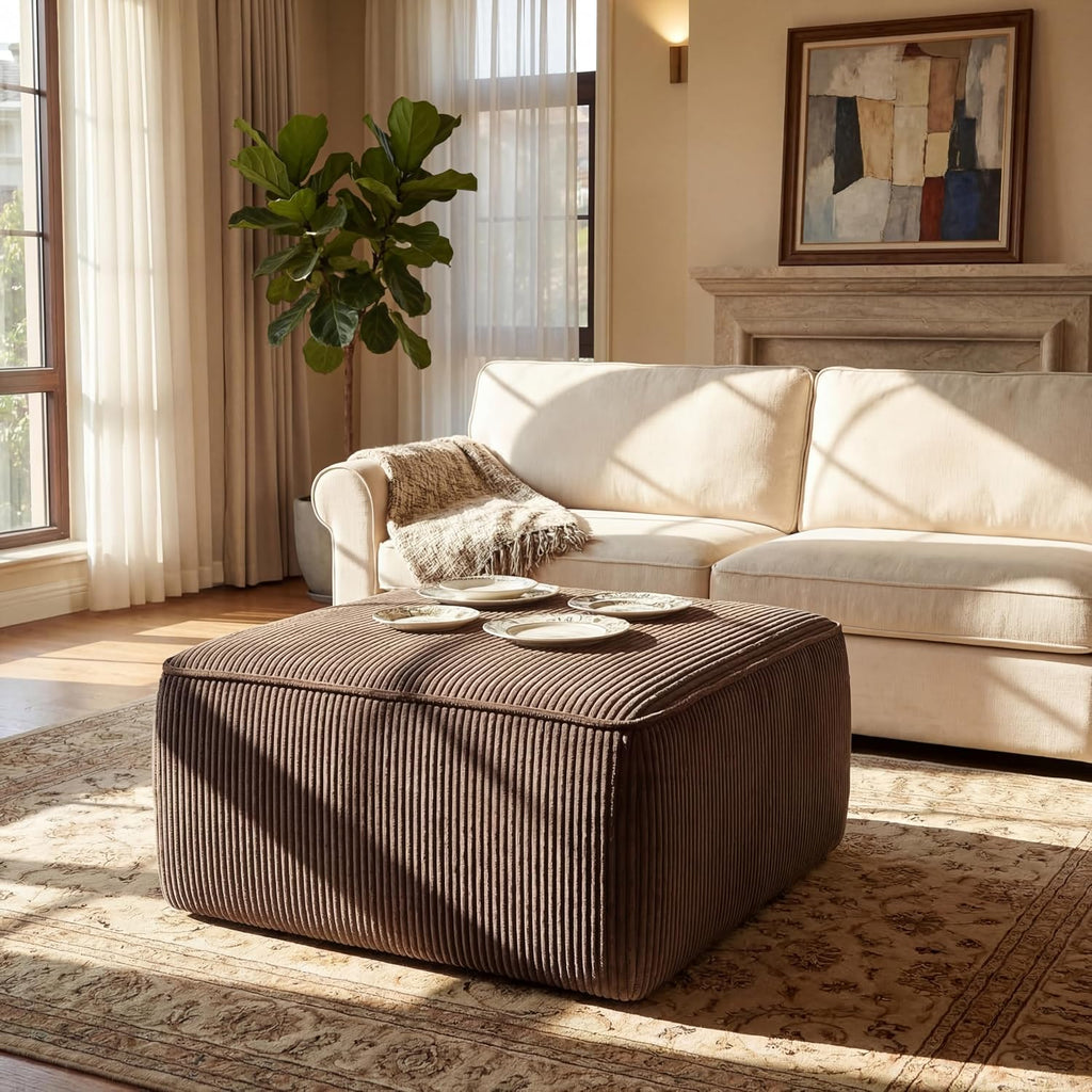 Christopher Knight Home Kyle Corduroy Woven Upholstery Square Ottoman, Living Room Sofa Ottoman with Wood Frame, Comfy Seating Experience with Dense Foam Padding, Non-Marking Foot Caps, Brown
