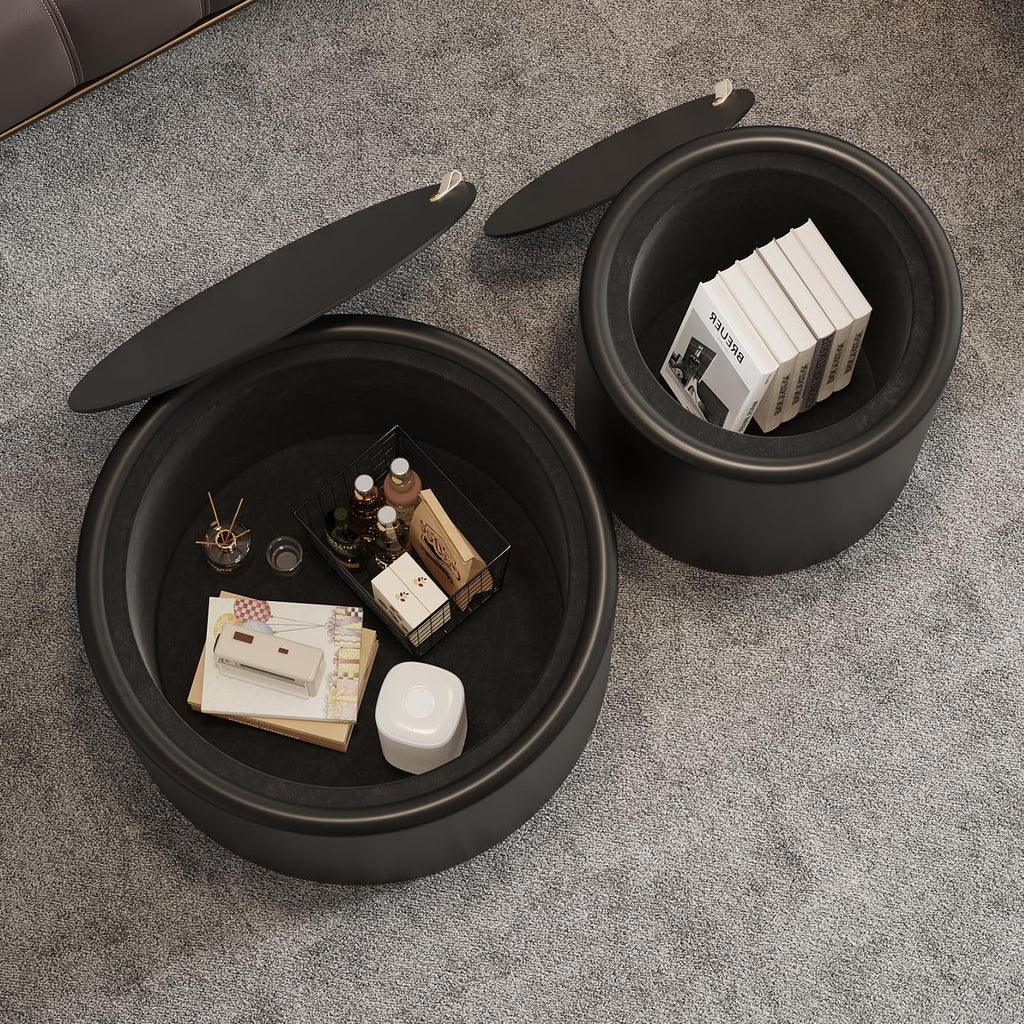 Black Round Coffee Table with Hidden Storage, 19.69' Drum Coffee Table with Tempered Glass Top and PU Leather Body, Circle Cocktail Tea Table for Living Room, No Assemble