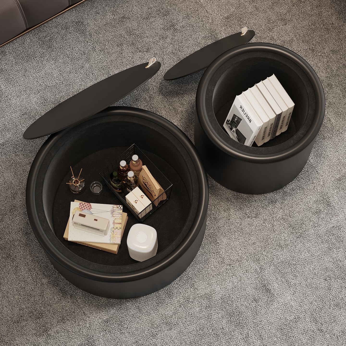 Round Coffee Table Set with Hidden Storage, 27.56' Black Drum Center Table and 19.69' Black Coffee Table Set, 2 Pieces Living Room Table Set with Tempered Glass Top and PU Leather Body