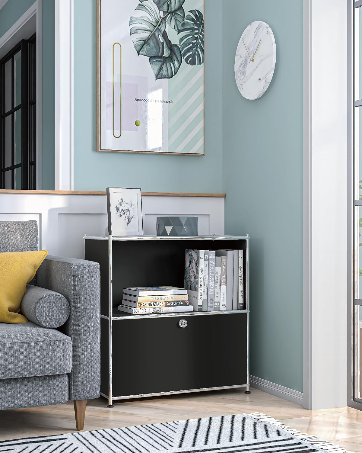 32.5-Inch Flip-Top Storage Cabinet with Detachable Wheels, Metal Side Table and Small Sideboard Cabinet for Living Room, Bedroom, Office, Orange