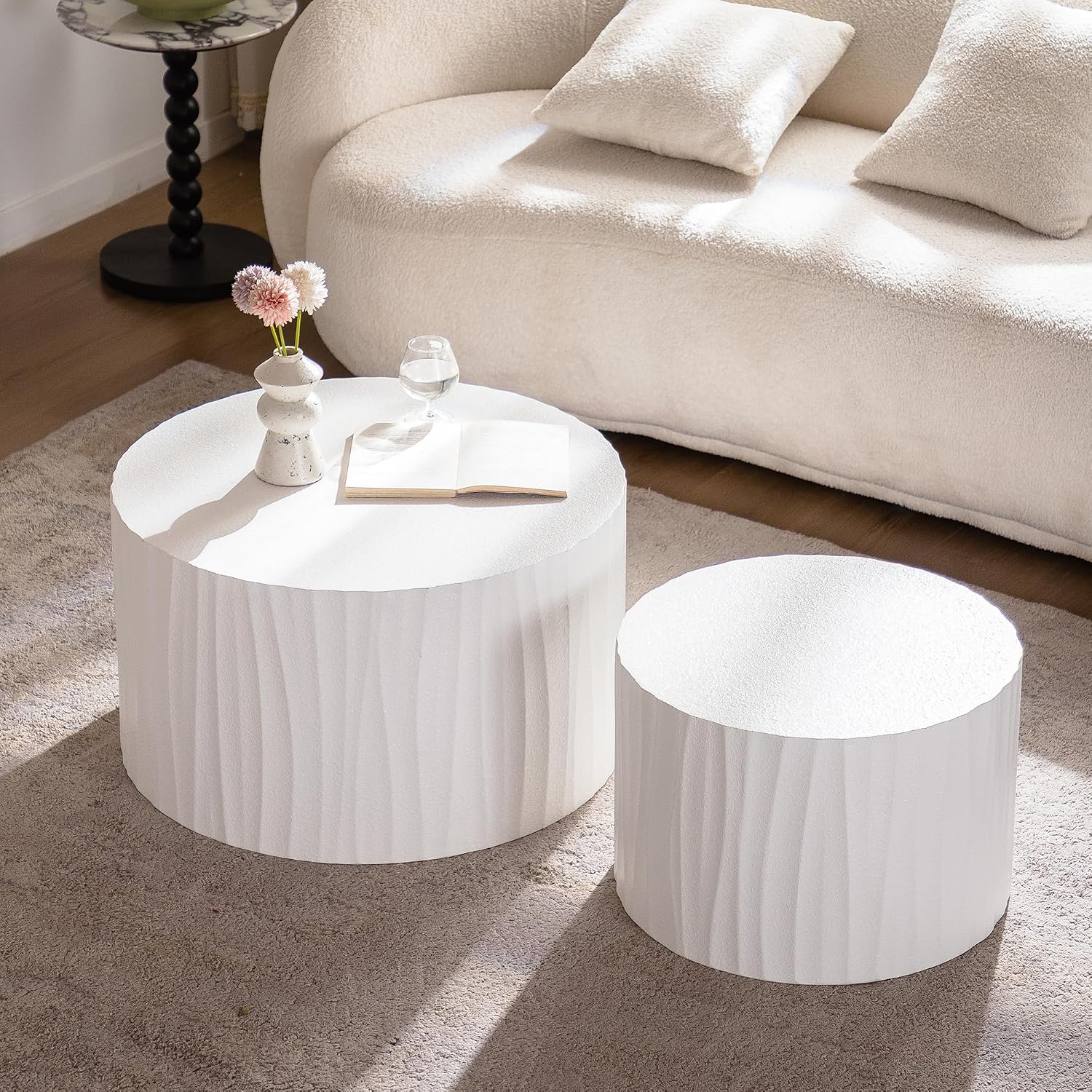 Nesting Coffee Table Set of 2, Modern Round Wooden Drum Side End Coffee Tables for Living Room, Bedroom, White-03
