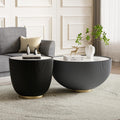 Round Coffee Table Set with Sintered Stone Tabletop, 27.56' Grey Drum Center Table and 19.69' Black Coffee Table Set, 2 Pieces Living Room Table Set with Fluted PU Leather Cover& Metal Base