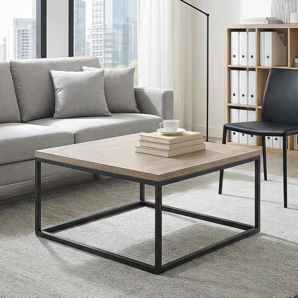 CENSI 30' Square Coffee Table, Grey Wash French Oak Wood Center Table for Living Room, Modern Industrial Metal Frame, Extra Thick 1.2' Top, Rustic Farmhouse Cocktail Table, Easy Assembly