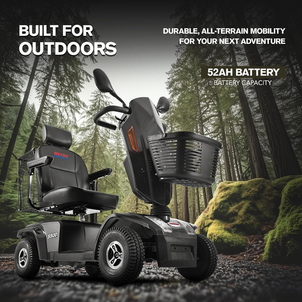 S500 4-Wheel Electric Mobility Scooter, Long-Range 52Ah Battery Up to 25 Miles, 500W Heavy-Duty Motor, 10' Pneumatic Tires, Adjustable Captain Seat, Storage Baskets for Seniors, Gloss Black