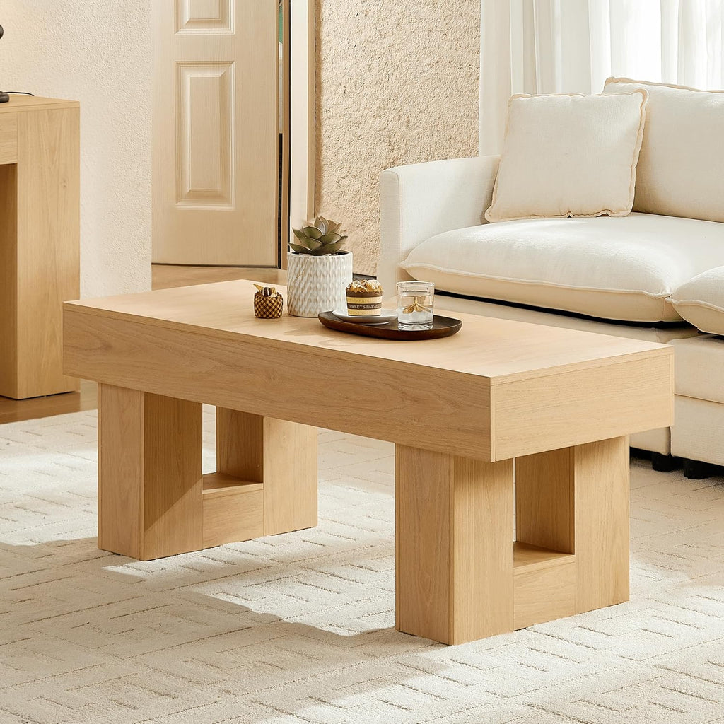OKYCI Modern Coffee Table for Living Room, Wood Living Room Table with Sturdy Wooden Legs, Easy Assembly, 47' W x 19' D, Natural Oak