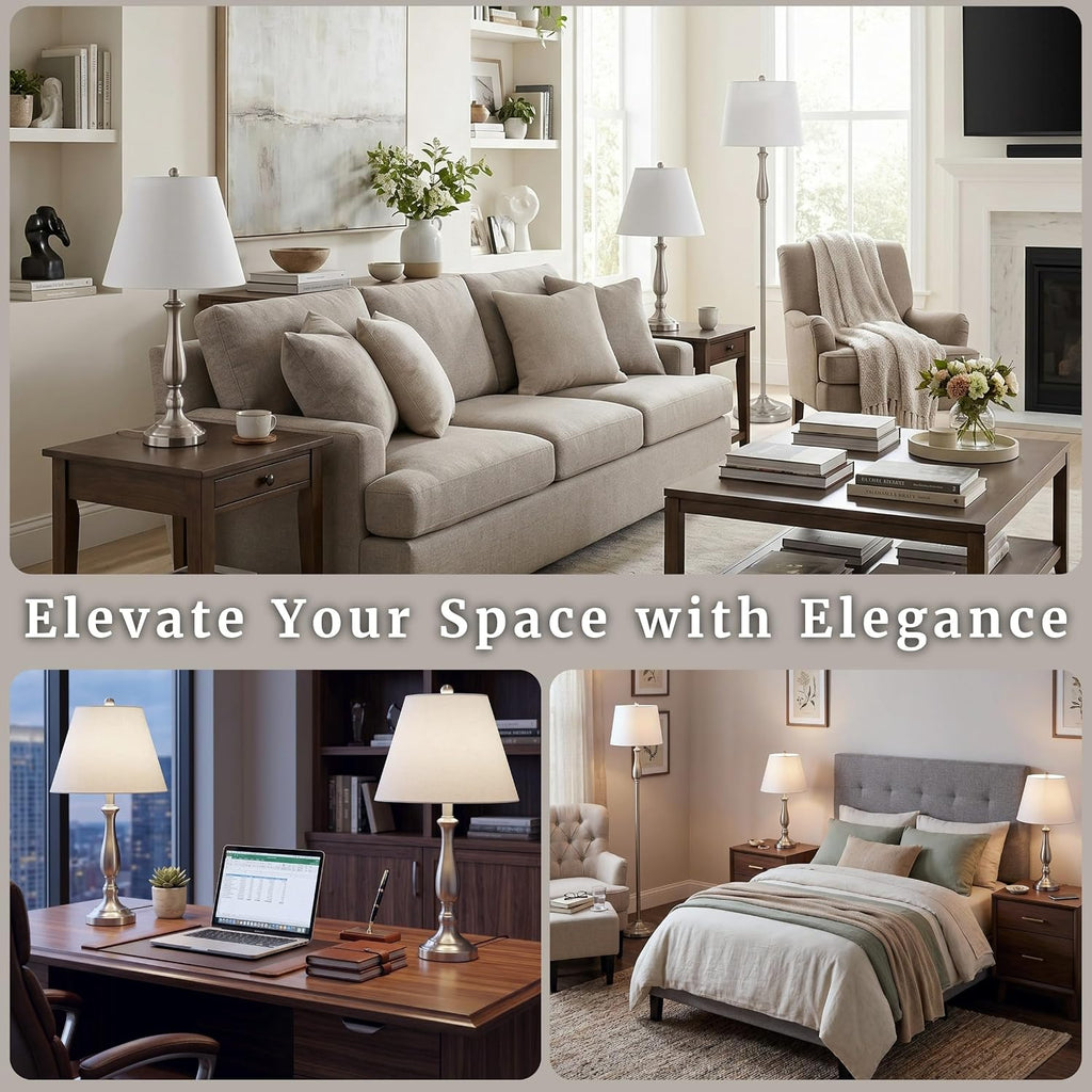 3-Piece Home Lighting Set - Coordinating Bundle with 2 Table Lamps and 1 Floor Lamp for Home and Office Decor by Lavish Home (Silver)