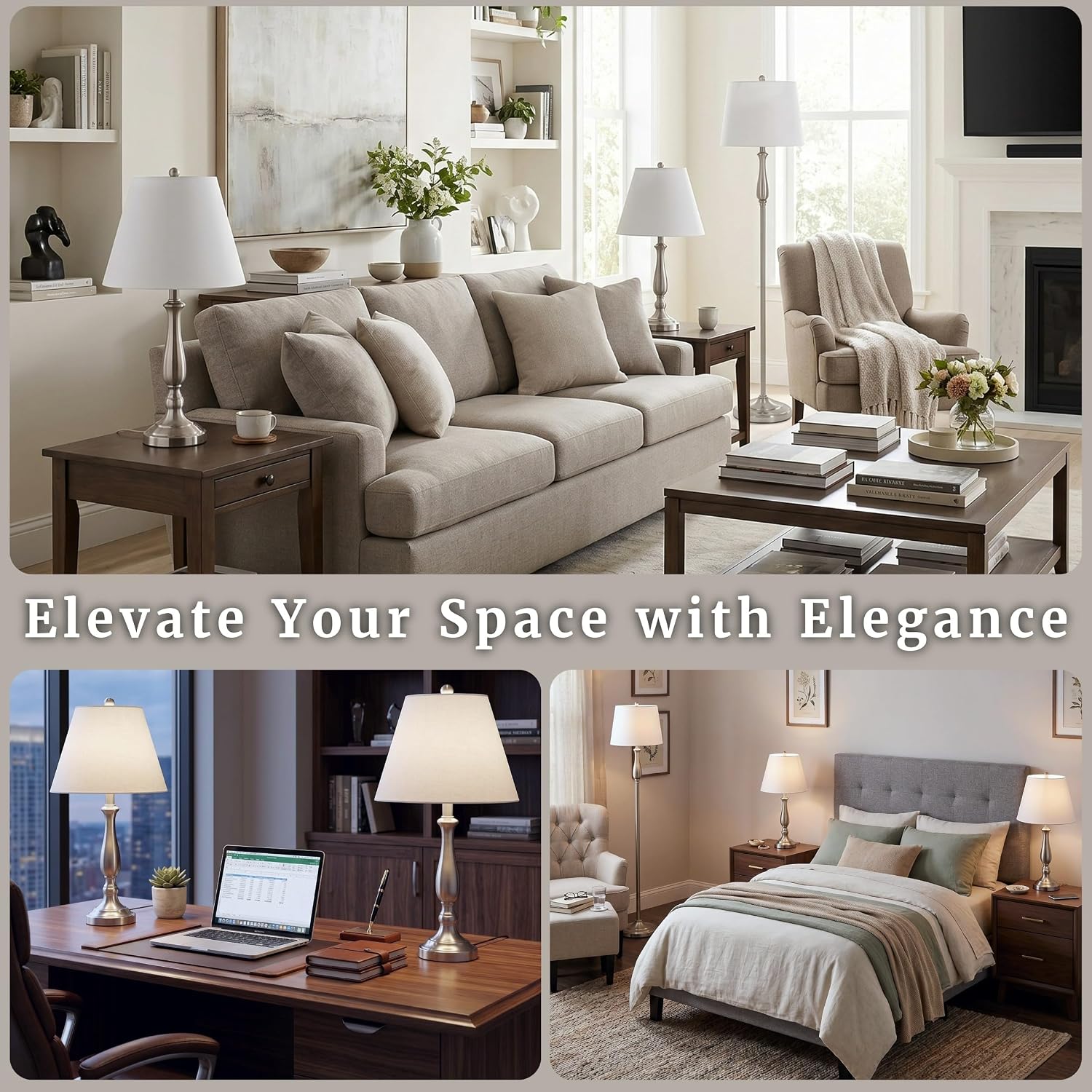3-Piece Home Lighting Set - Coordinating Bundle with 2 Table Lamps and 1 Floor Lamp for Home and Office Decor by Lavish Home (Silver)