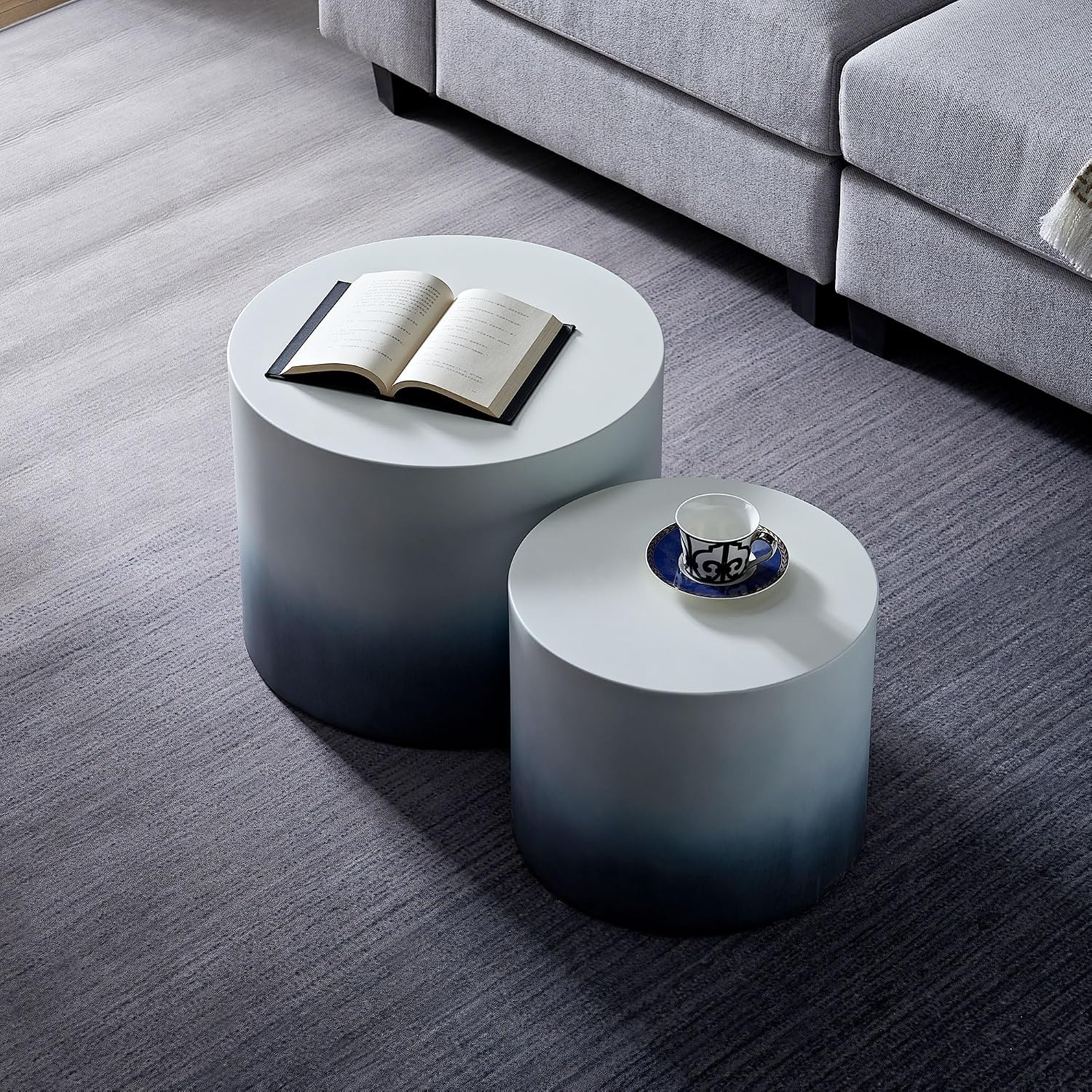 Round Coffee Table Set of 2, Nesting Coffee Table and End Table Set Wood Small Circle Drum Side Table for Living Room Office, No Assembly,Black&White