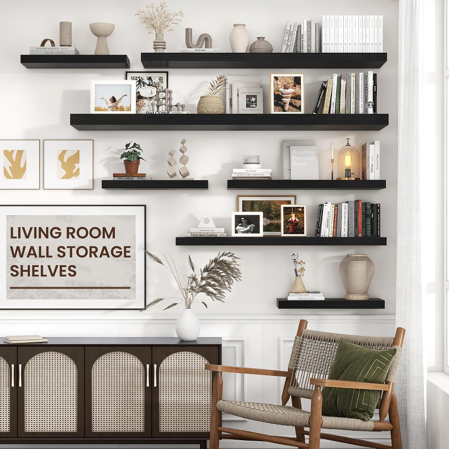 Venusmiles Floating Shelf for Wall 71 inch Long, Engineered Wood Large Wall Shelves with Invisible Brackets for Living Room Bedroom Bathroom Office Kitchen Decor and Storage, Black Finish, Set of 1