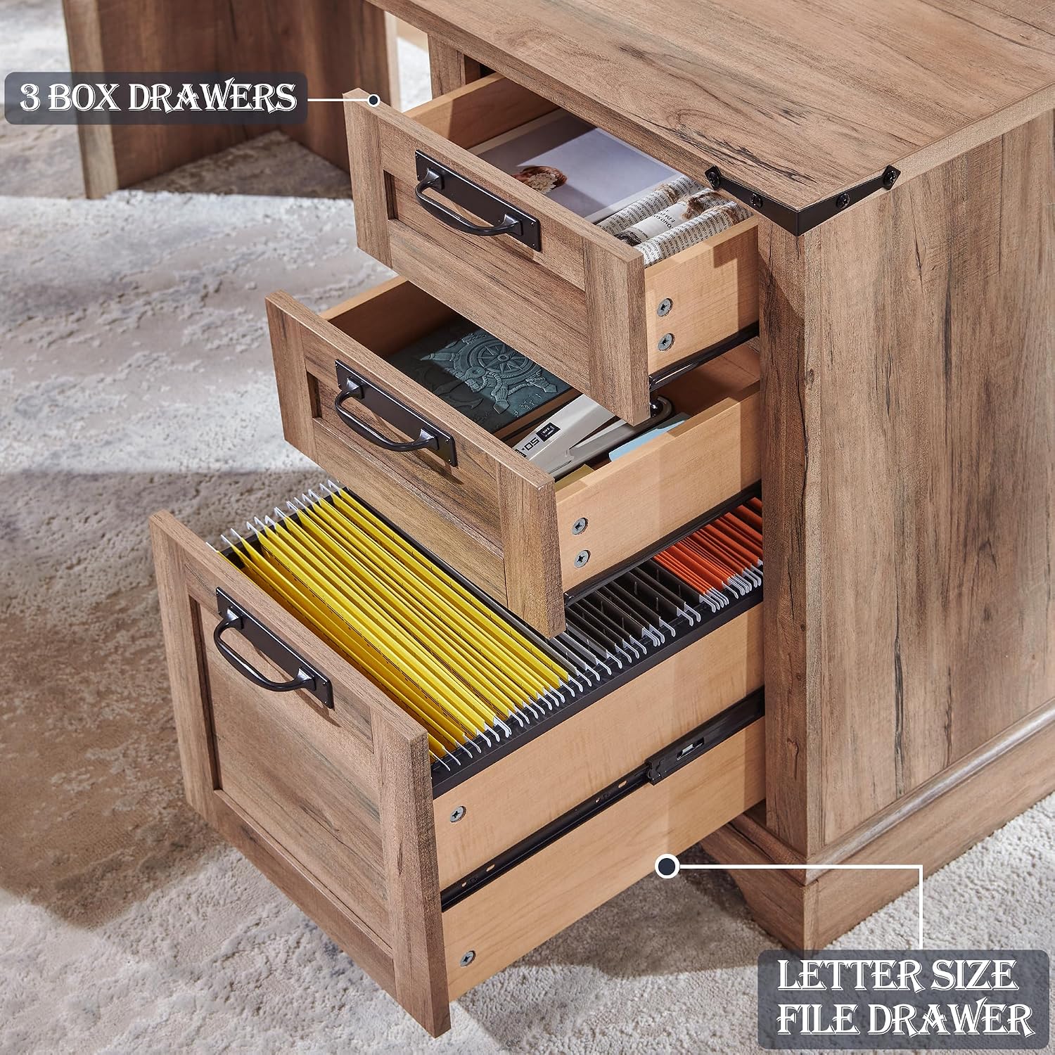 RedLemon 60' Farmhouse L Shaped Executive Desk, Rustic Oak | Home Office Corner Desk, Charging Station, Storage Cabinet, File Drawer, 3 Box Drawers, Rustic Computer Writing Desk