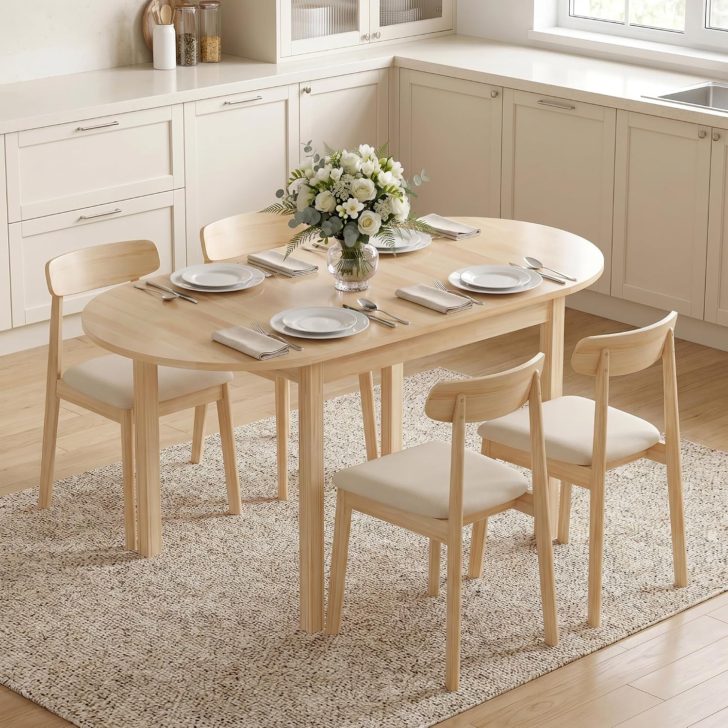 HOMCOM 55' Solid Wood Kitchen Table for 4-6 People, Oval Drop Leaf Tables for Small Spaces, Folding Dining Table, Natural