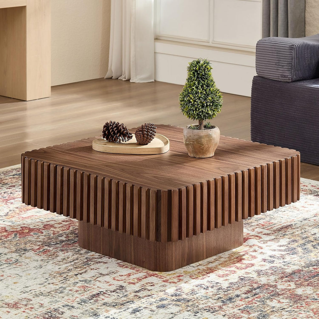 JUSTONE 35-inch Mid-Century Modern Drum Coffee Table, Handcrafted Wood Round Center Table for Living Room, Home Office, Walnut