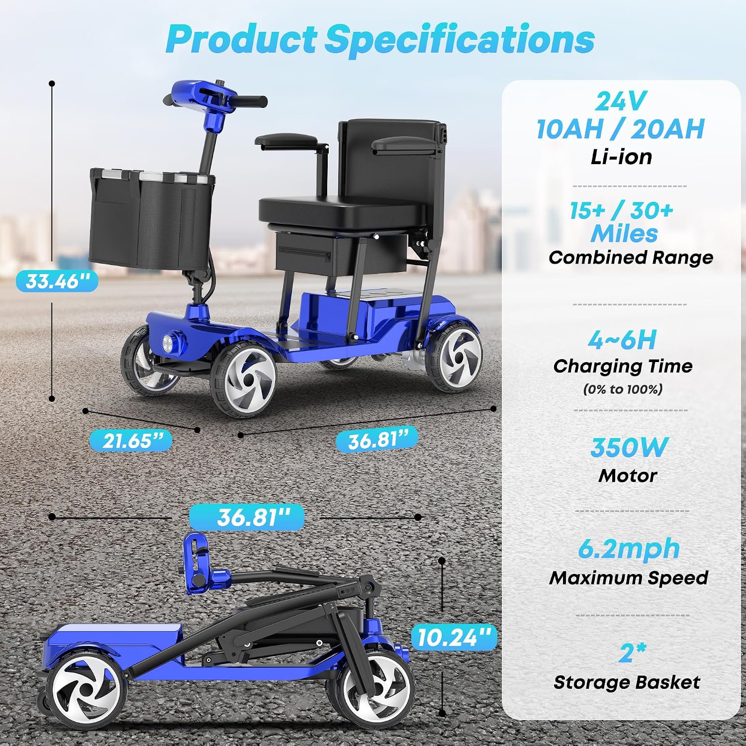 Mobility Scooters, Lightweight Electric Scooters for Seniors&Adults | 49lb Aluminum Frame with Removable Battery, Foldable Motorized Scooters for Trips, Shopping, Daily Use, Royal Blue, 10 Ah