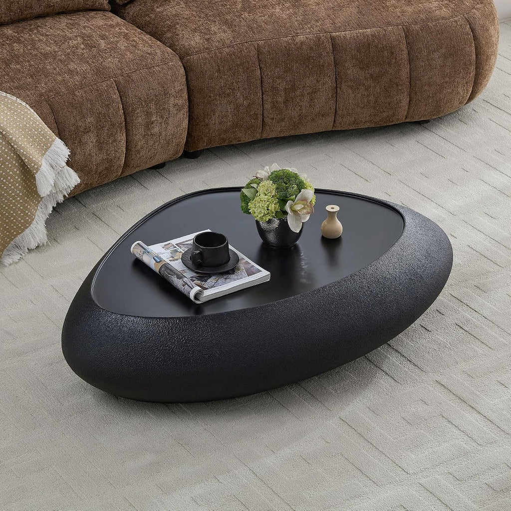 47.24' Fiberglass Oval Coffee Table for Living Room,Elliptical Irregular Center Faux Matte Rocks Table Front of The Sofa,No Need Assembly,Black