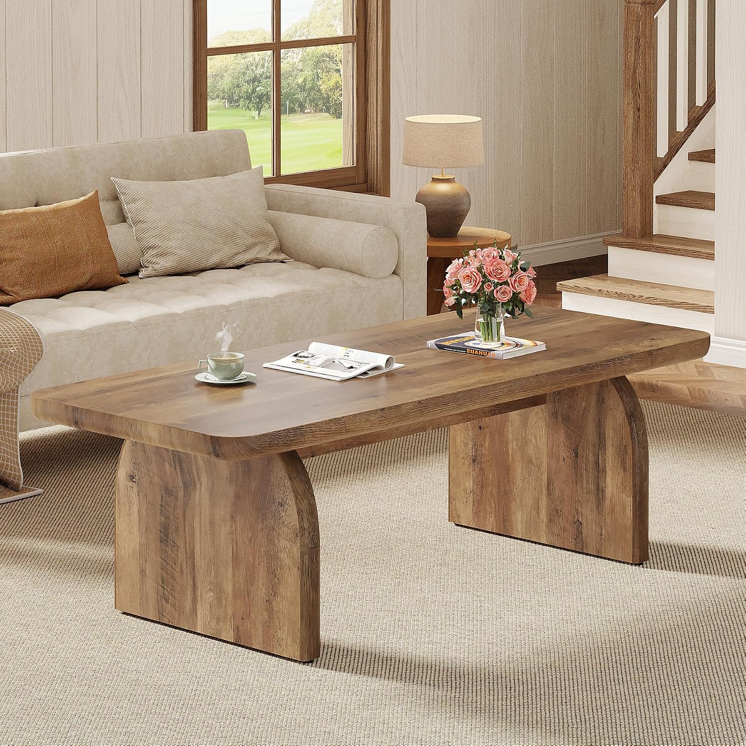 Tribesigns Coffee Table for Living Room, 47-Inch Farmhouse Rectangule Center Table with Rounded Corners, Mid-Century Modern Low Large Cocktail Tea Furniture, Easy Assembly (Rustic Brown)